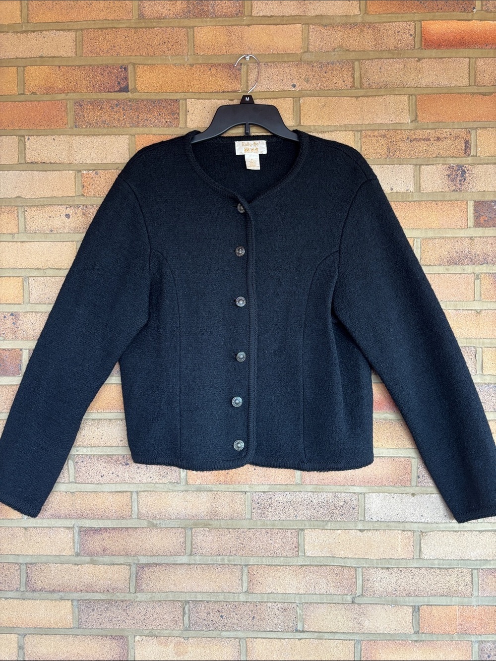 Vintage Tally Ho Black 100% Wool Knit LadyJacket Cardigan XL